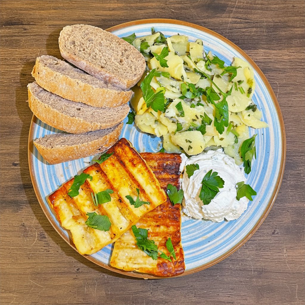 Gegrillter Halloumi auf Keramikteller mit Kartoffelsalat, Brot und Kräuterquark